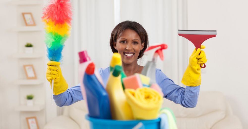 Picture of a domestic worker with cleaning supplies
